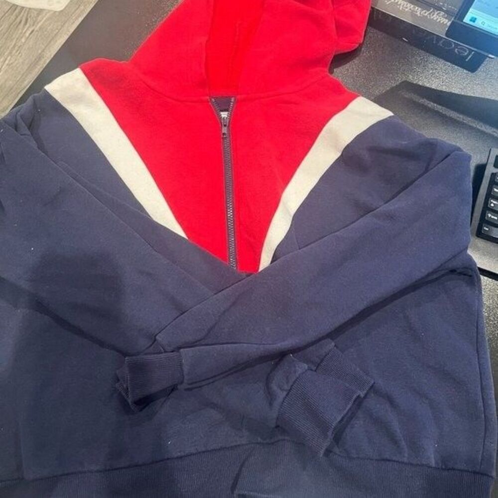 C'est Toi Its You 3XL Blue Red and White Hoodie Long Sleeves with Zipper Hooded - Picture 2 of 5